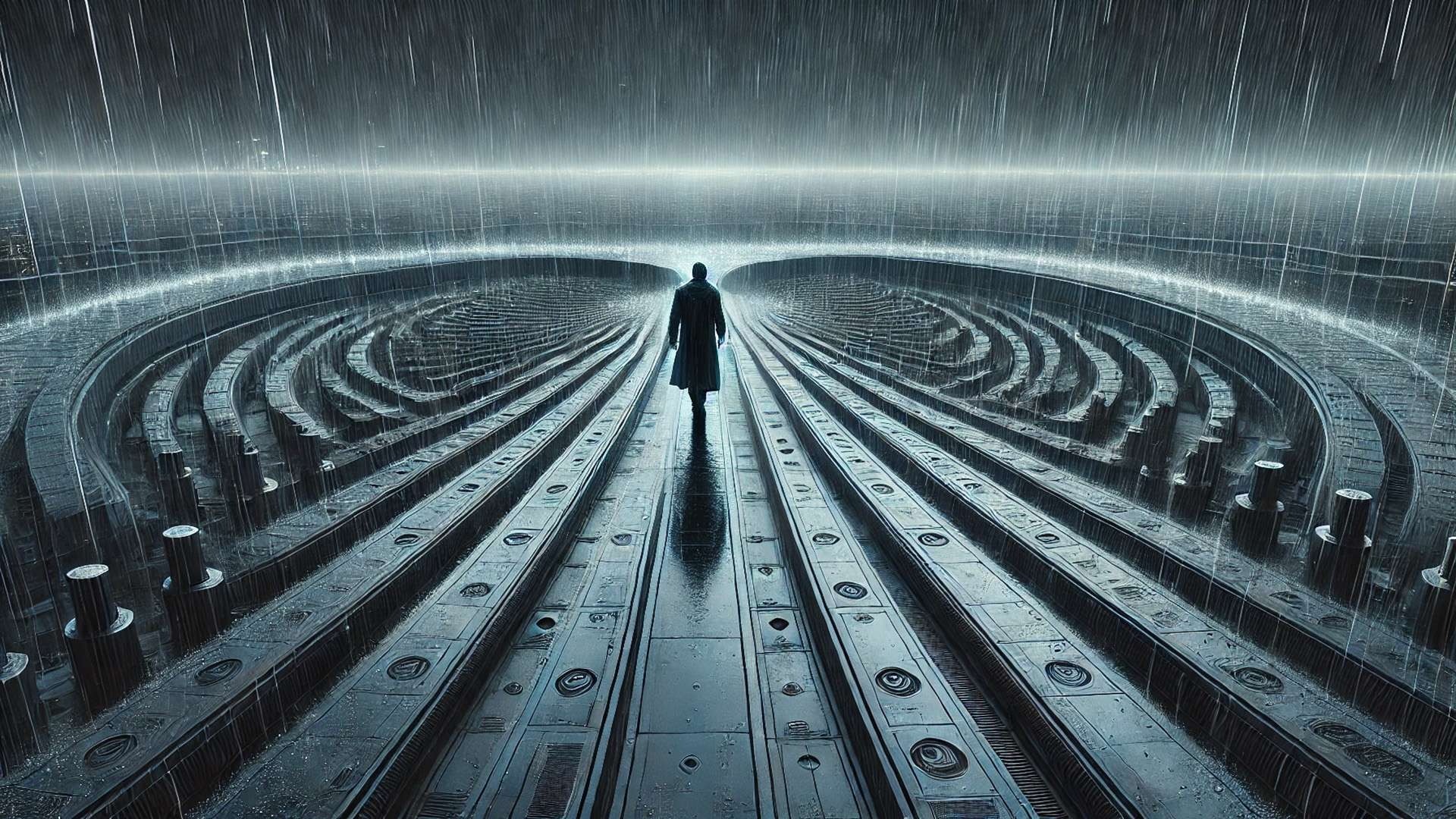 A man stands centered on a long, structured pathway extending toward a bright circular horizon, with layered architectural lines on both sides forming a symmetrical tunnel-like environment under rain.