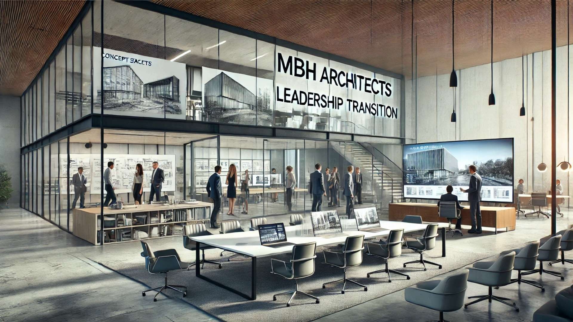 sleek, modern architectural studio where a team of architects collaborates in a bright, glass-walled workspace, symbolizing innovation and leadership transition