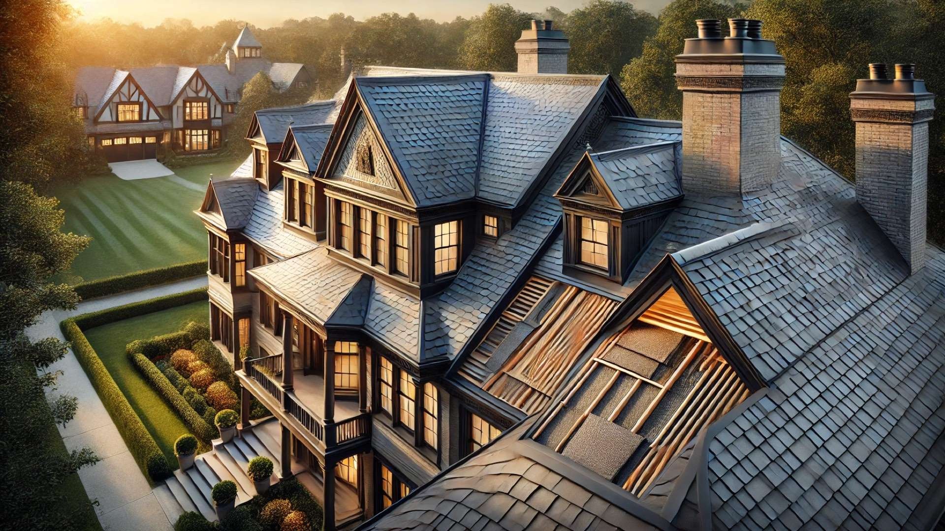 Luxury residence with dimensional composite roofing and a partial cutaway exposing layered shingle construction beneath elegant slate-inspired roof surfaces.