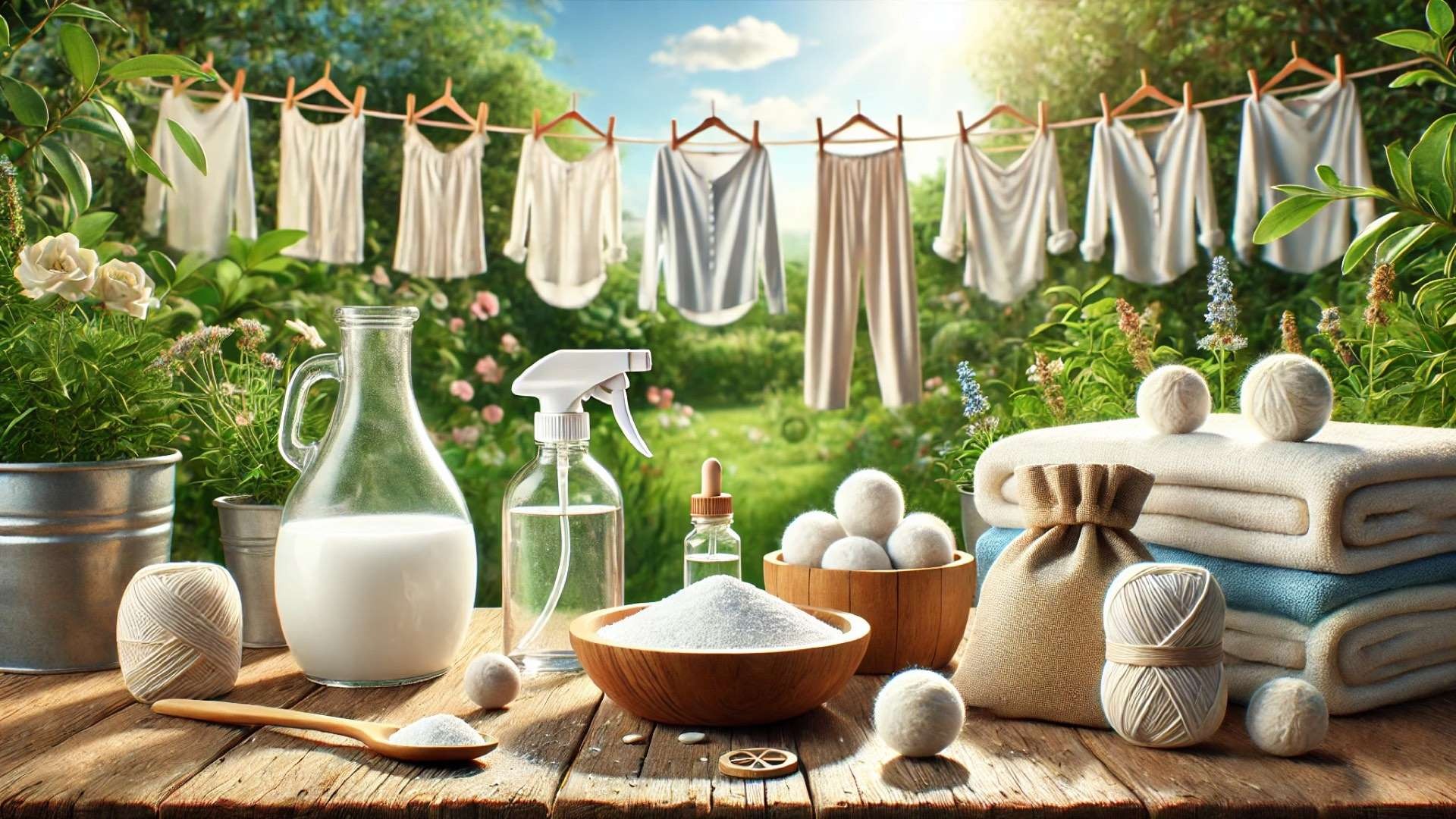 Natural laundry setup with vinegar, baking soda, wool dryer balls, and fresh linens hanging outdoors in a sunlit garden.