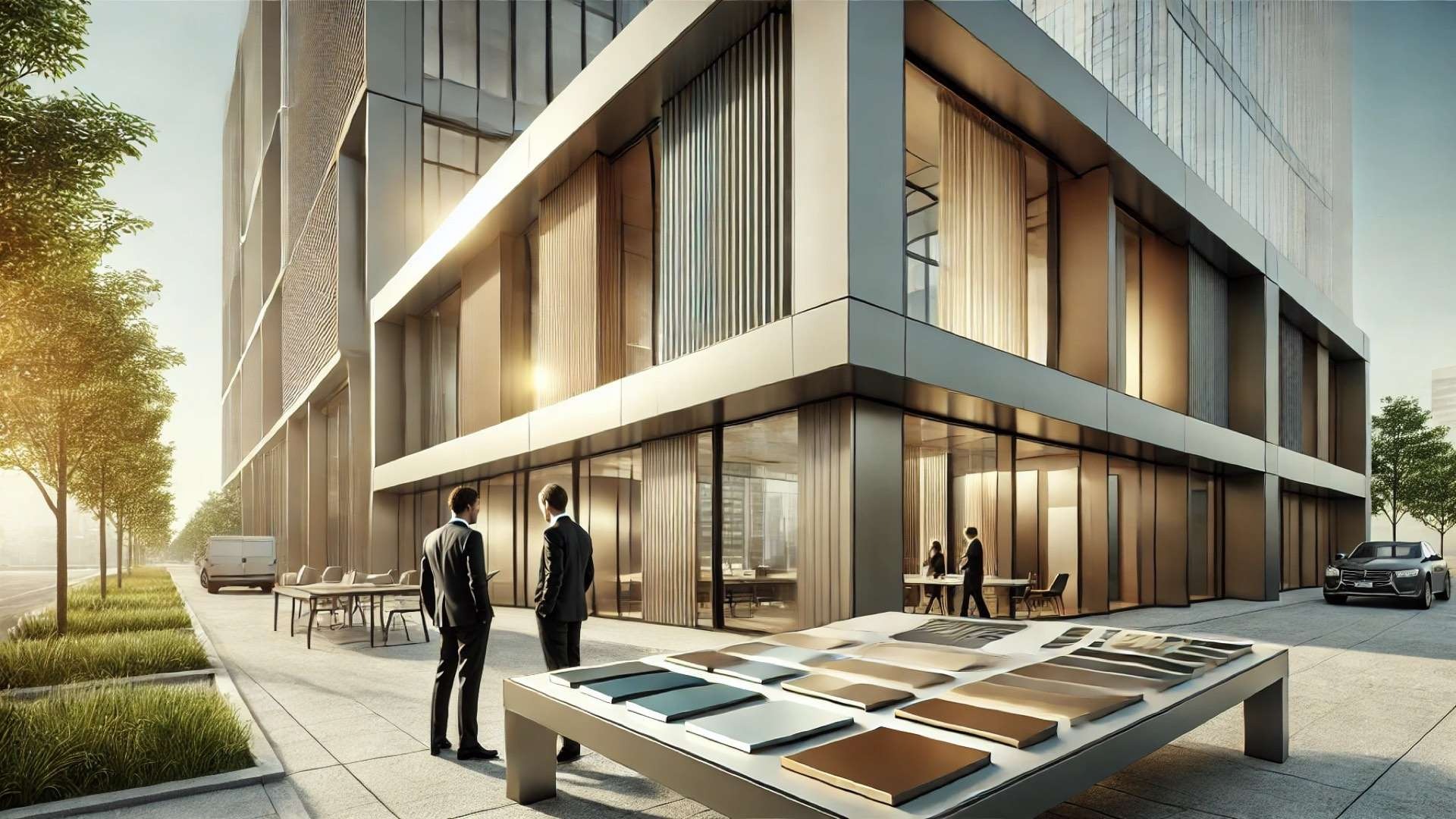 Modern commercial building with anodized aluminum façade and large glass panels, architects reviewing metal finish samples on a table in a landscaped urban plaza.