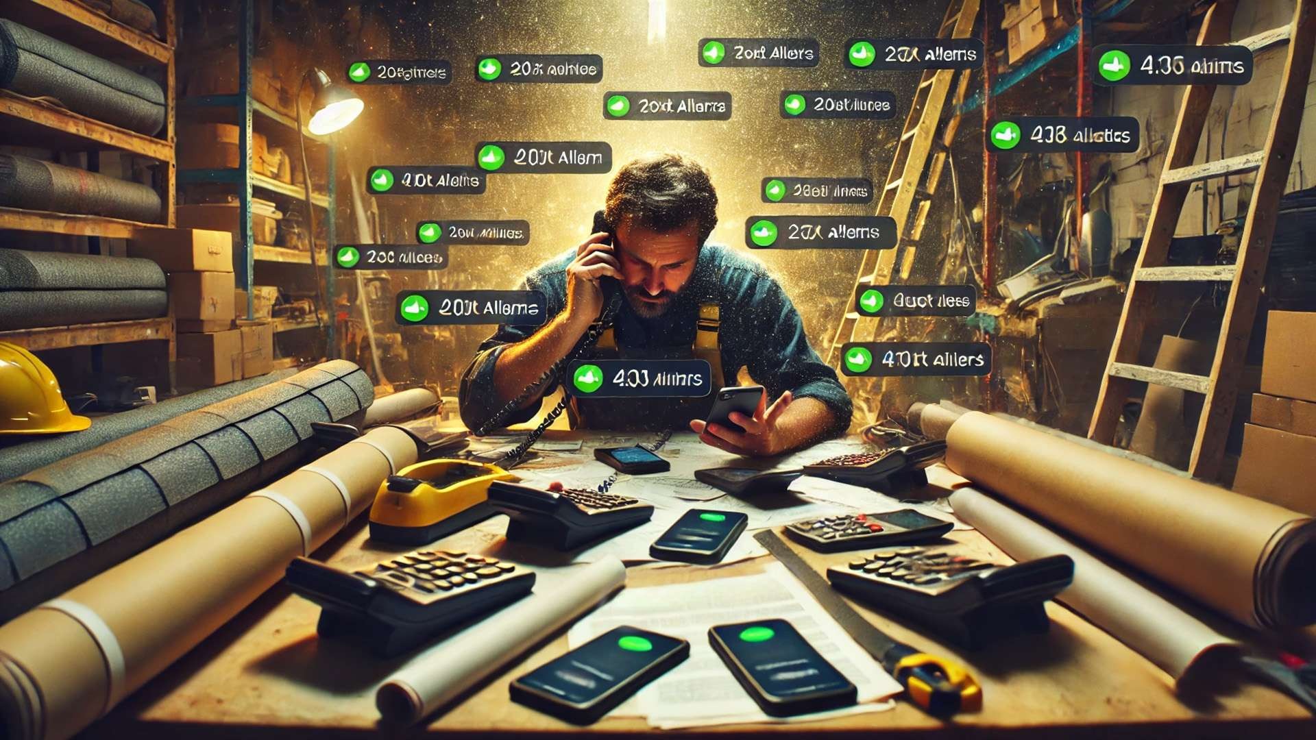 A roofing contractor at his cluttered workbench surrounded by dozens of glowing digital alerts, symbolizing the constant cycle of responding to marketplace leads and never breaking free from the dependency loop.