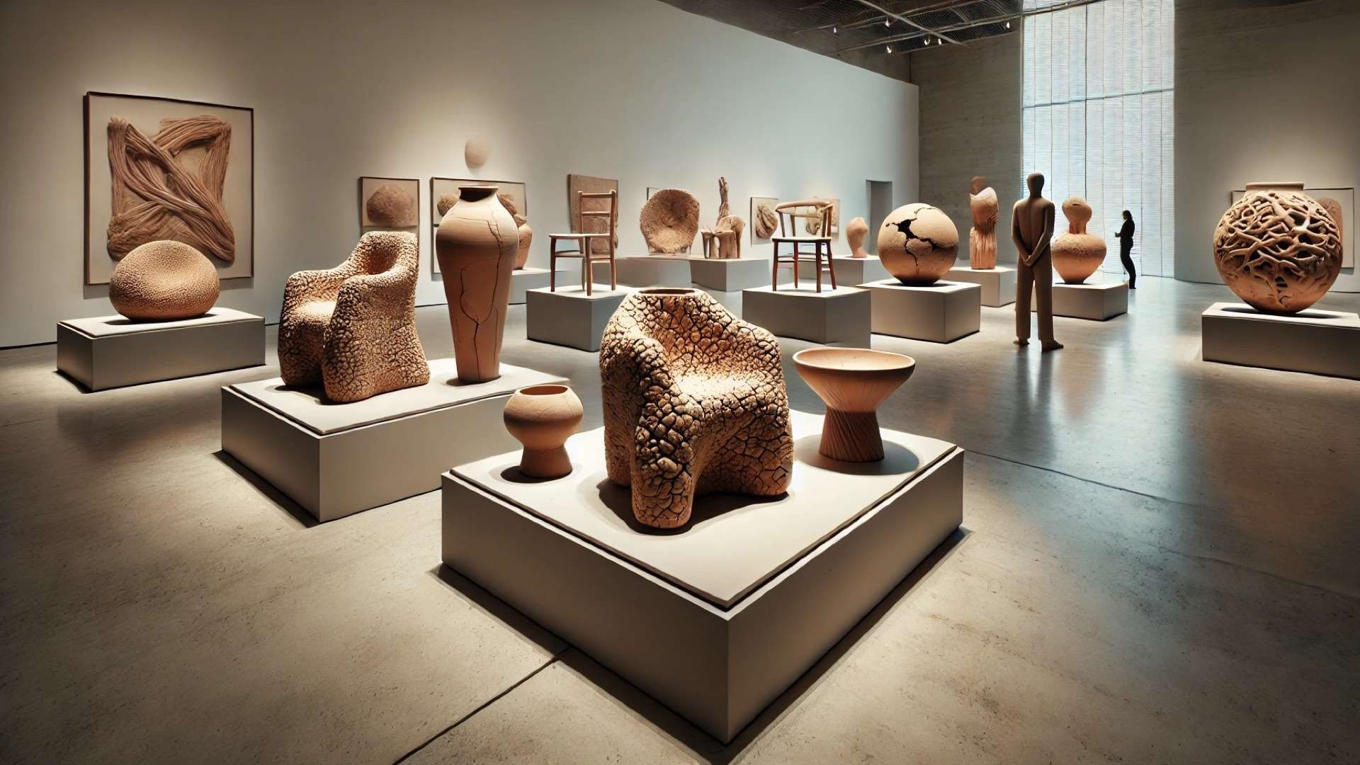 Contemporary gallery exhibition of organic clay sculptures that blur the line between furniture, vessels, and abstract art, displayed on minimalist pedestals with visitors observing.