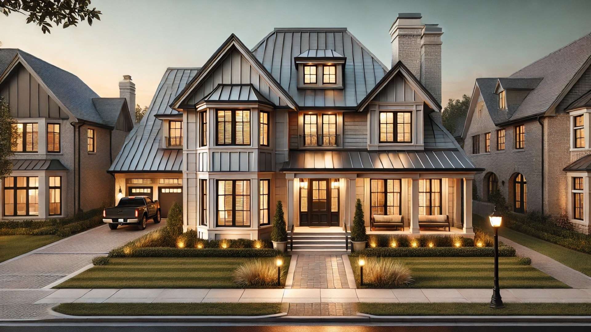 Elegant upscale home at dusk with a prominent newly installed roof, refined dormers, premium materials, manicured landscaping, and strong curb appeal emphasizing craftsmanship and long-term value.