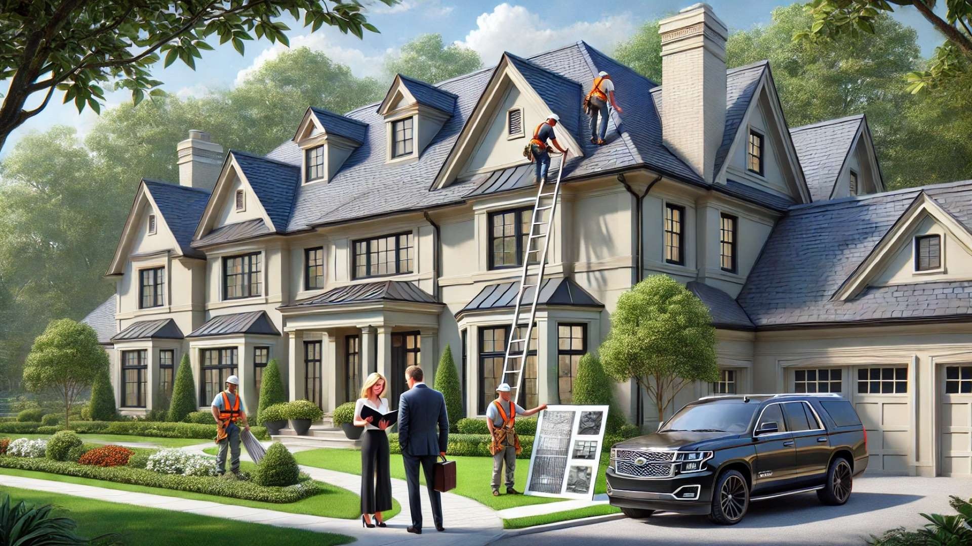 upscale home roofing scene, designed to reflect investment, craftsmanship, and architectural preservation