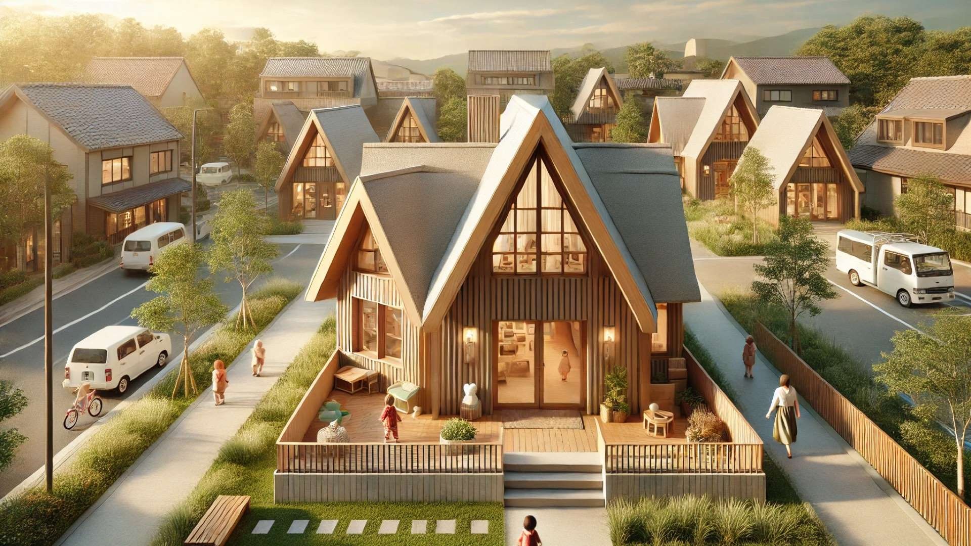 illustrated interpretation of the Omura Children's Clinic concept— blending warmth, child-focused design, and community integration in a peaceful Nagasaki setting