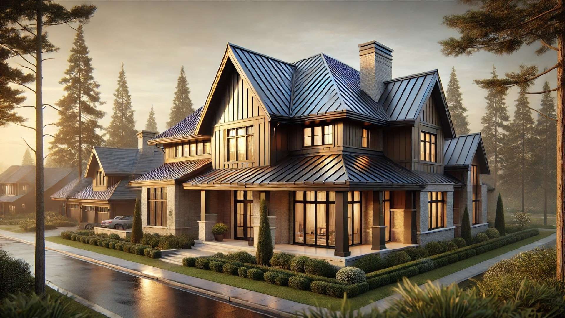 Upscale residential home with a dark standing seam metal roof, warm interior lighting, and landscaped surroundings at sunset, emphasizing the roof’s reflective finish and architectural detail.