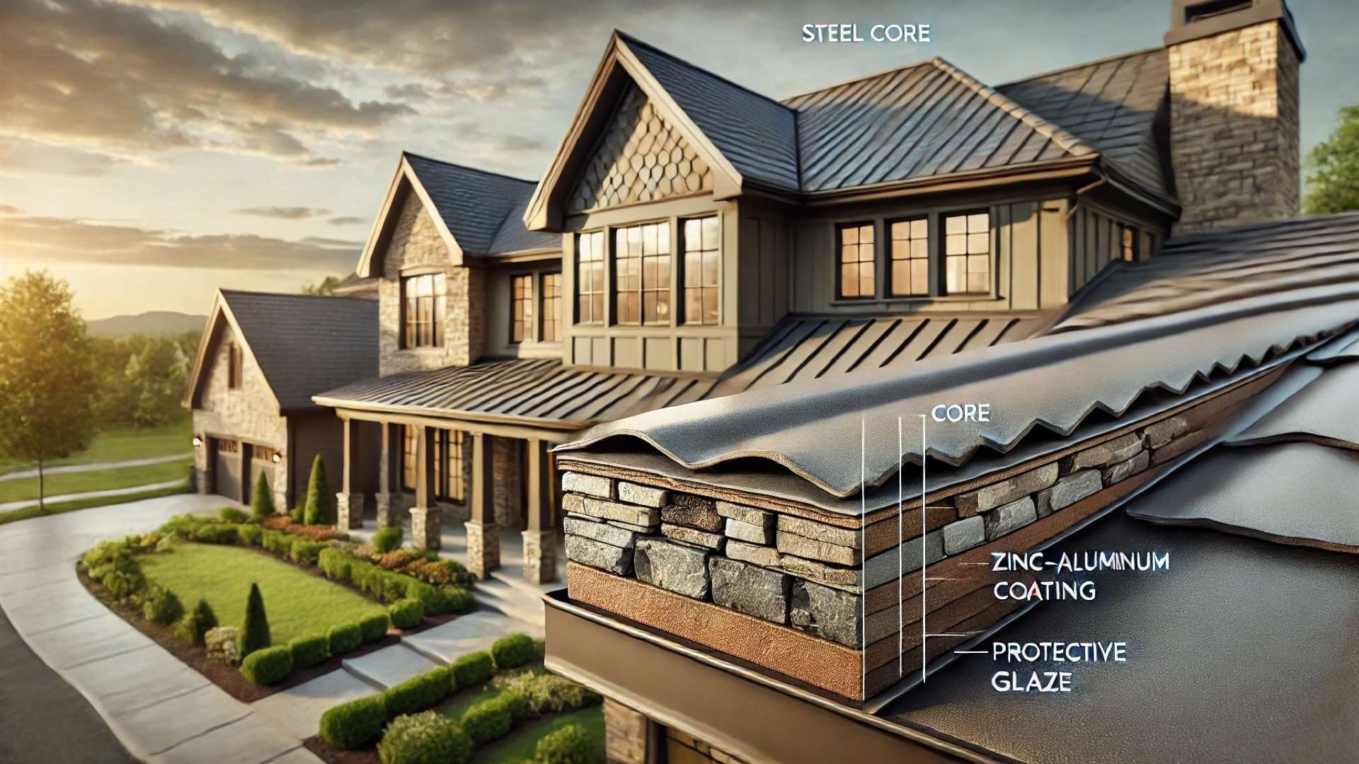 High-end residence with stone-coated steel roofing, with a close-up cross-section of layered roof construction and durable materials in a landscaped neighborhood setting.