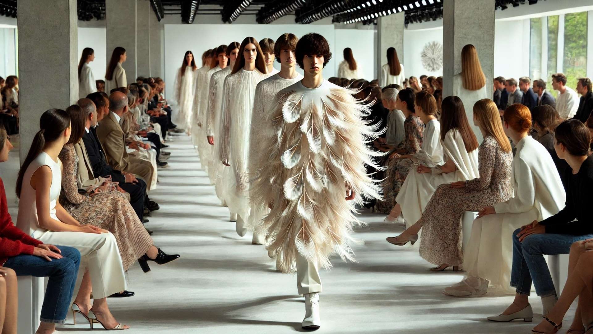 fashion runway featuring plant-based, feather-like garments in a sustainable luxury setting