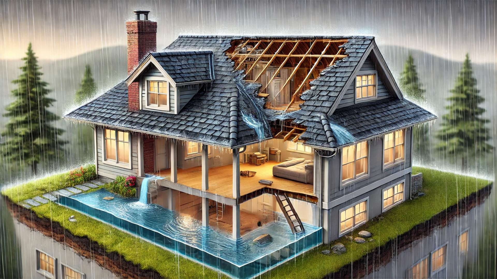 Cutaway view of a house during rain showing damaged shingles, clogged gutters, and leaking roof areas with water entering interior spaces.
