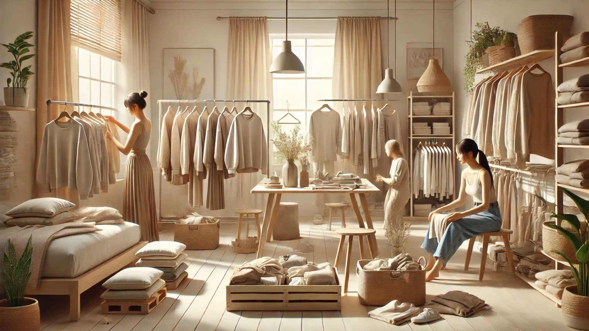 Sunlit minimalist studio with neutral-toned clothing made from natural fabrics displayed on racks and shelves, as people fold garments and browse in a calm, eco-conscious setting.