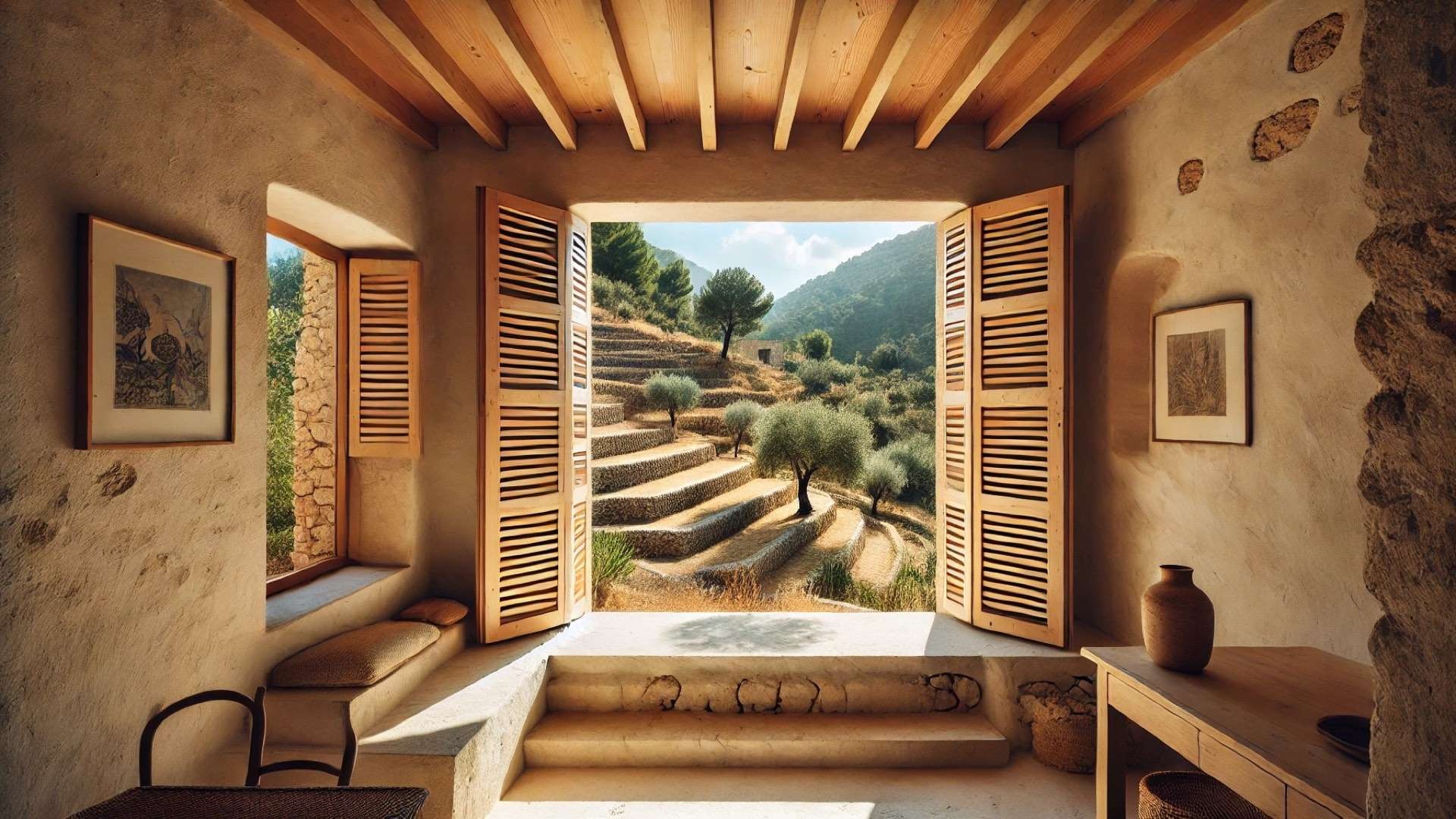 Warm Mediterranean interior with lime-plastered walls and timber ceiling beams, looking through open pine shutters toward terraced hillside with olive trees and stone retaining walls in golden afternoon light.