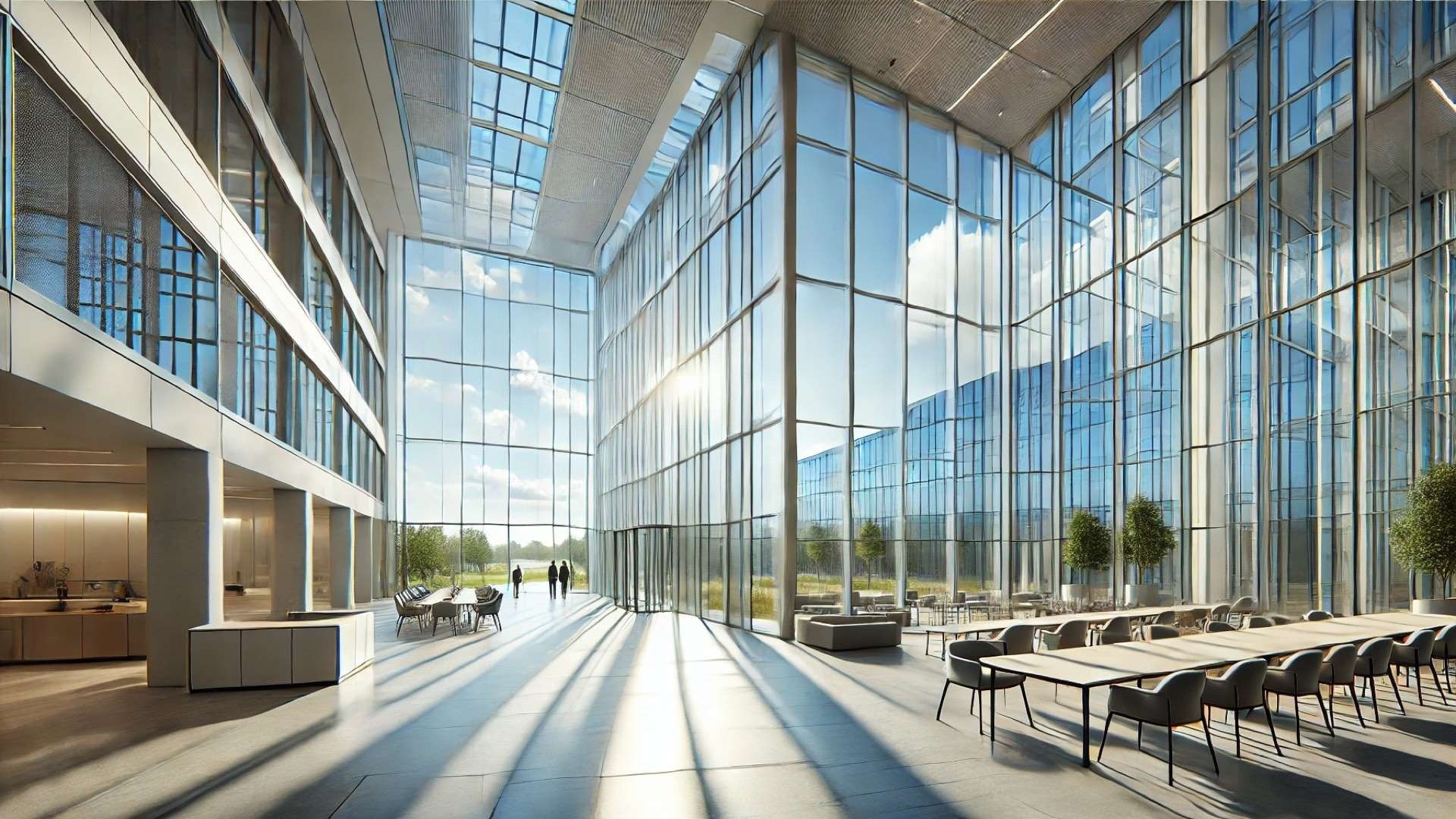 showcasing natural daylight streaming through high-performance architectural glass, emphasizing energy efficiency and visual clarity