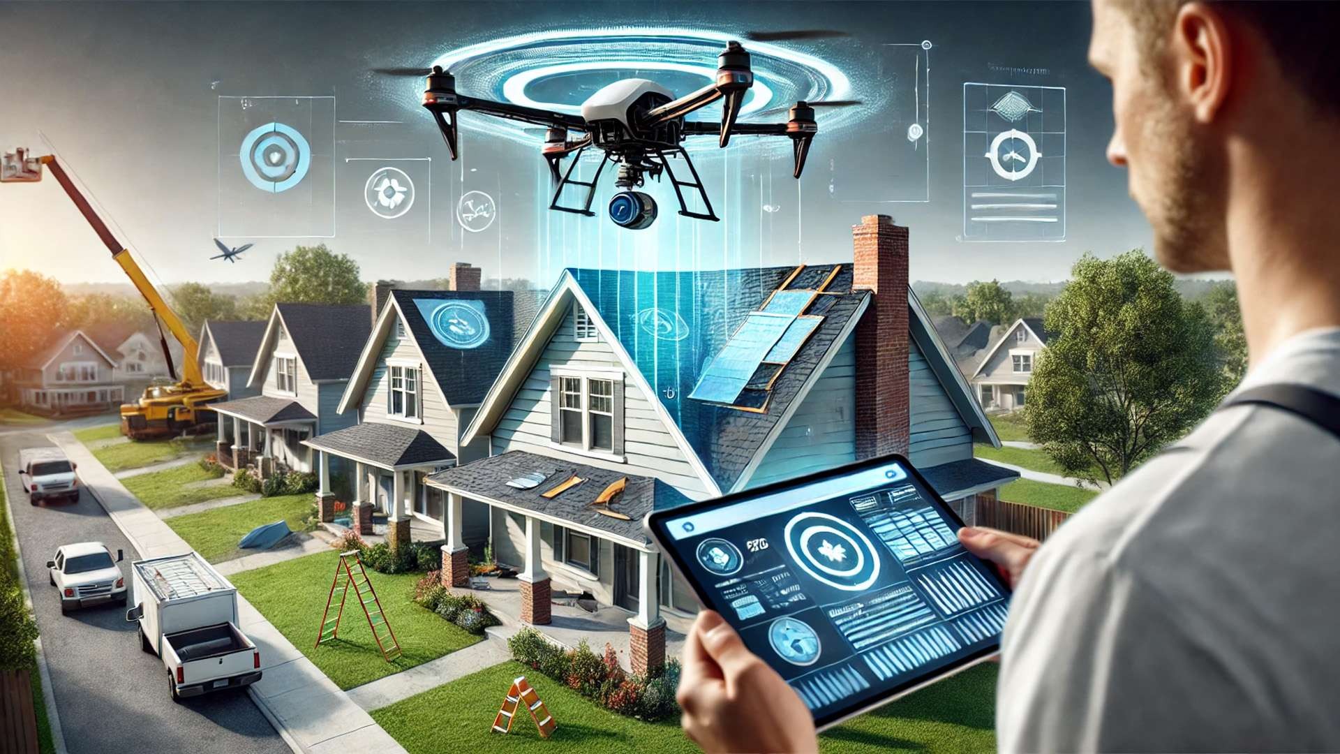 future-forward roofing insurance claims process—featuring drones, data overlays, and streamlined technology in action
