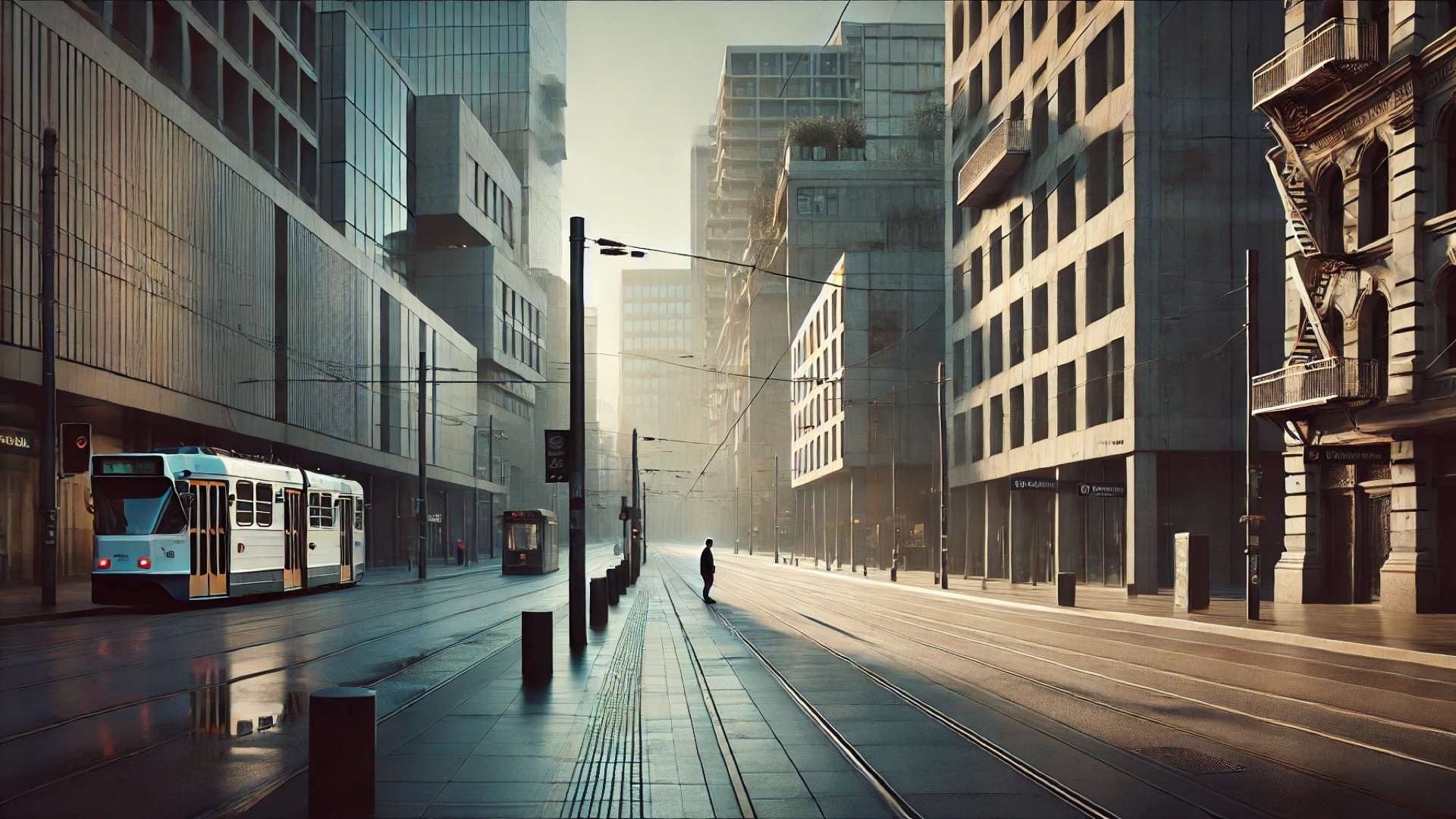 Quiet Melbourne street with tram tracks and modern concrete buildings, a solitary figure walking through warm, reflective morning light.