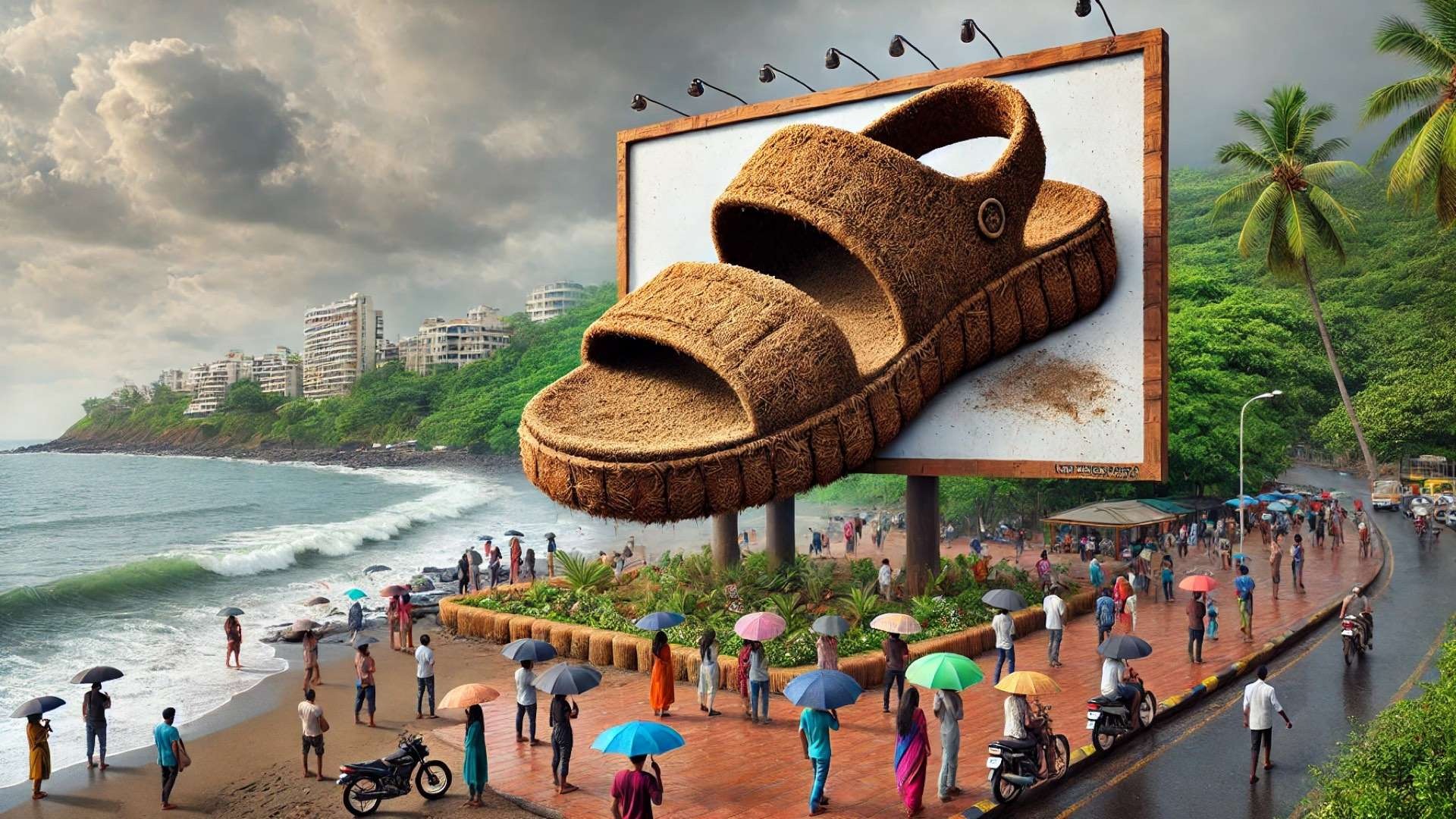biodegradable sandal-shaped billboard dissolving in the rain, set against a coastal urban backdrop