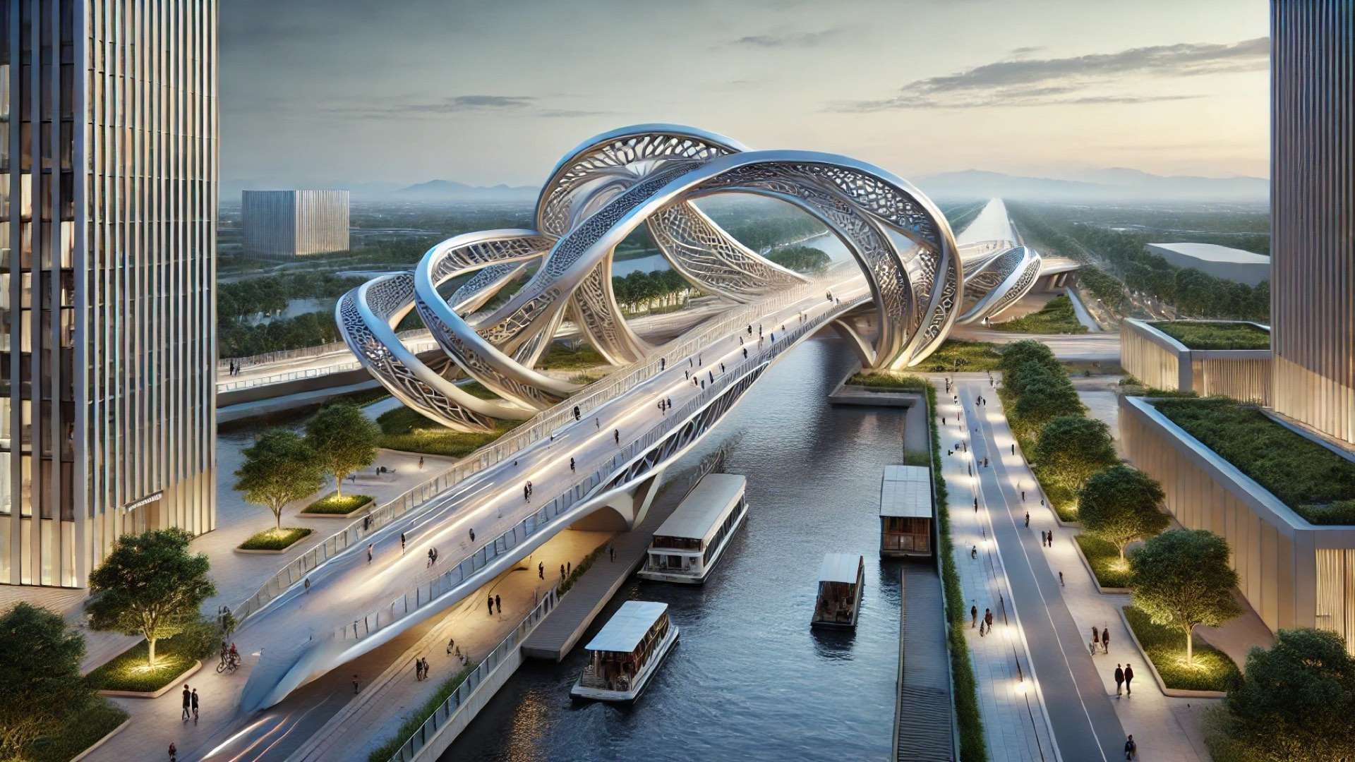 Grand Canal Gateway Bridge, highlighting its sculptural, silk-inspired design and sustainable integration within Hangzhou’s urban landscape