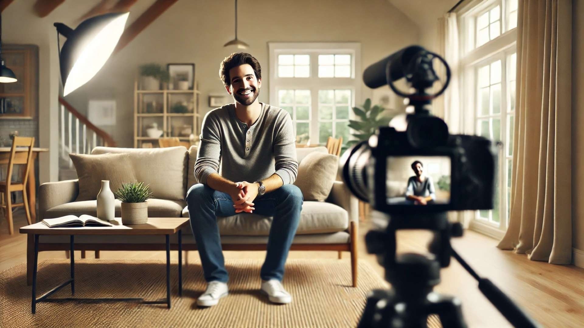 A homeowner sits in a well-lit living room speaking on camera, with a professional microphone and setup capturing a testimonial.