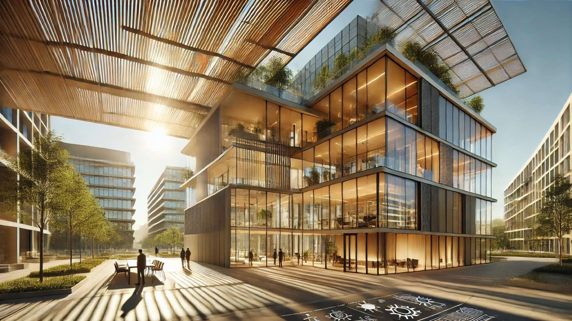 Contemporary energy-efficient office building with expansive sunshades and layered facade screens casting dramatic striped shadows across a sunlit urban plaza.