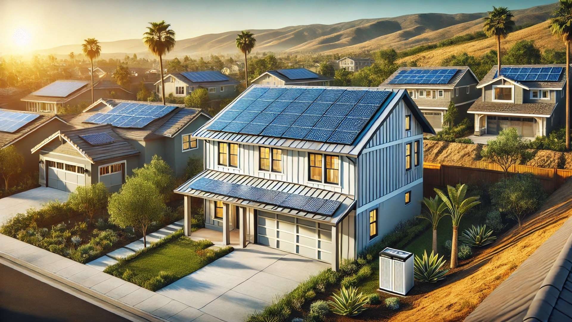 modern California home equipped with solar panels and metal roofs, reflecting the California Solar Mandate's emphasis on sustainability and energy efficiency