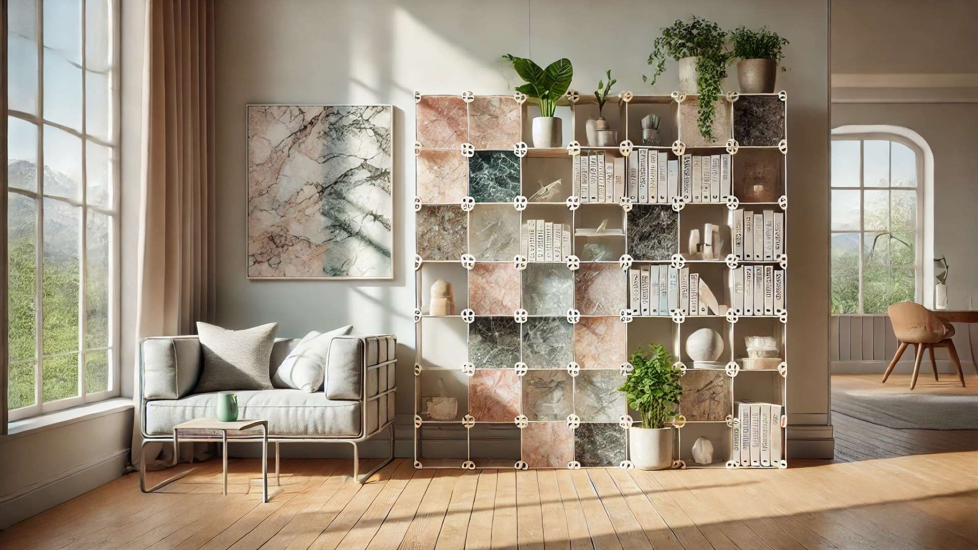 Plastic Marble Display Shelf in a modern, sustainable interior setting—highlighting its marbled texture, modular form, and eco-conscious elegance