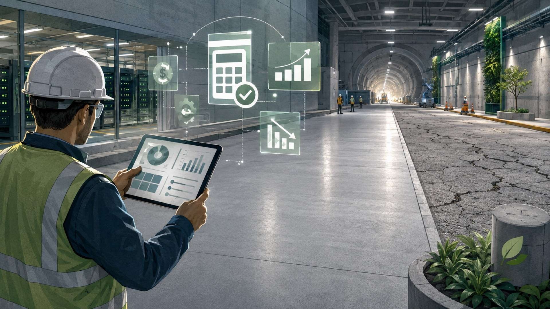 An engineer reviews a digital ROI tool inside a concrete tunnel and industrial facility, illustrating how durable concrete can reduce downtime, repair costs, and long-term operational risk.