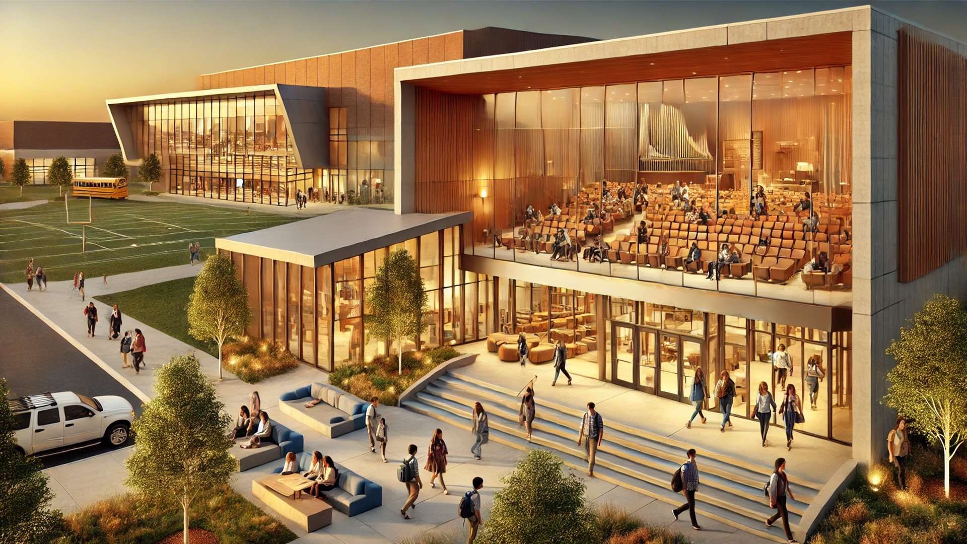 Modern performing arts building with floor-to-ceiling glass, welcoming terrace seating, landscaped campus courtyard, and illuminated auditorium interior.