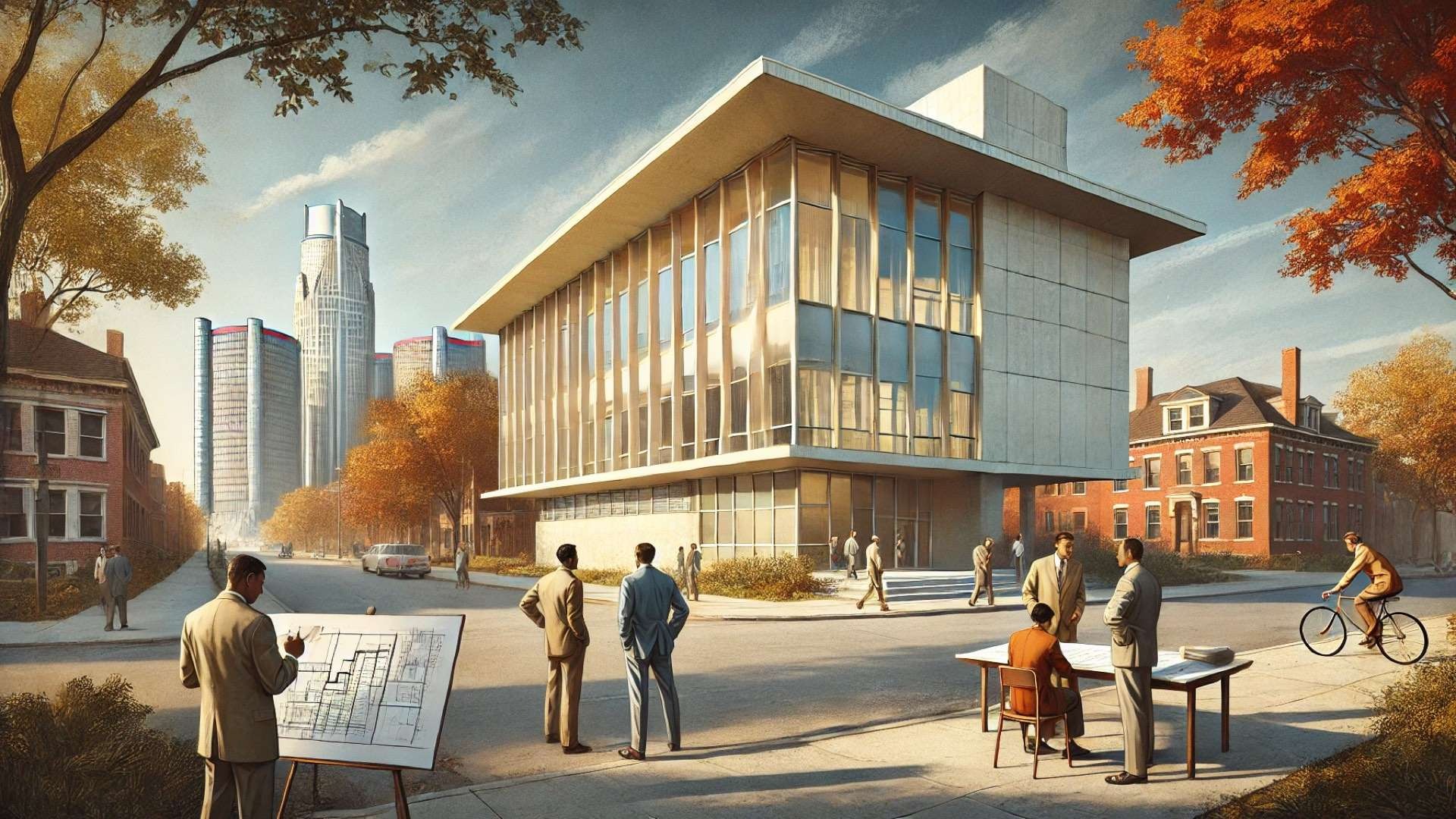 capturing the preservation and architectural documentation of a mid-century modern building in Detroit, reflecting the legacy of Nathan Johnson and the importance of community-centered historical recognition