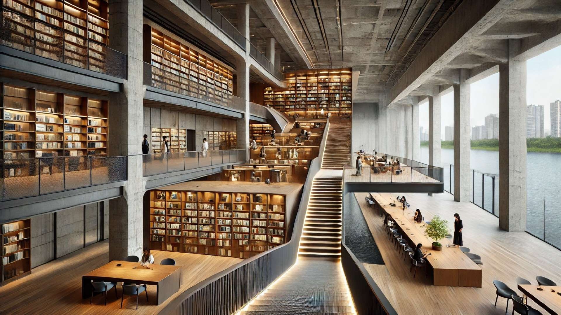 capturing the atmosphere and architectural essence of the Espace Gabrielle Chanel-inspired library interior, set in an immersive, design-forward environment