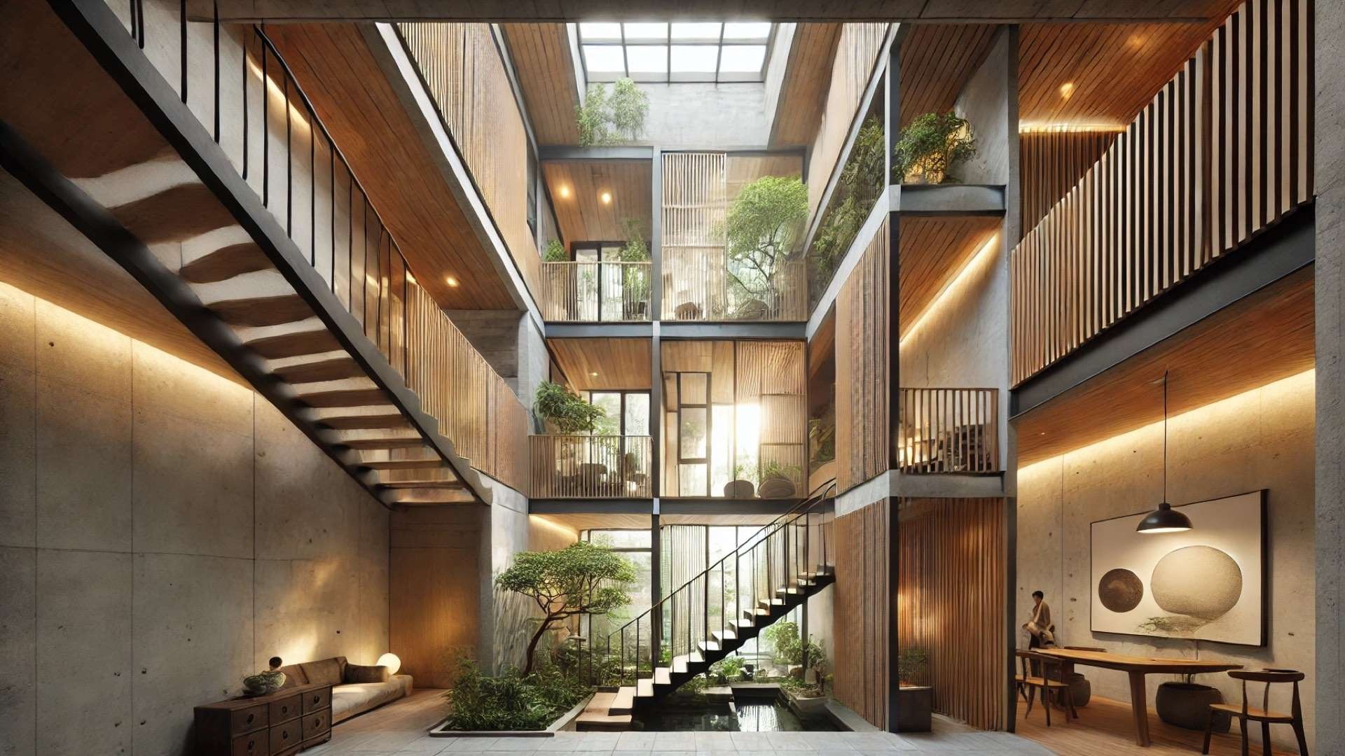 Interior view of a contemporary Vietnamese townhouse with layered spaces, exposed brick, warm wood, indoor greenery, and soft daylight filtering through skylights and inner courtyards.