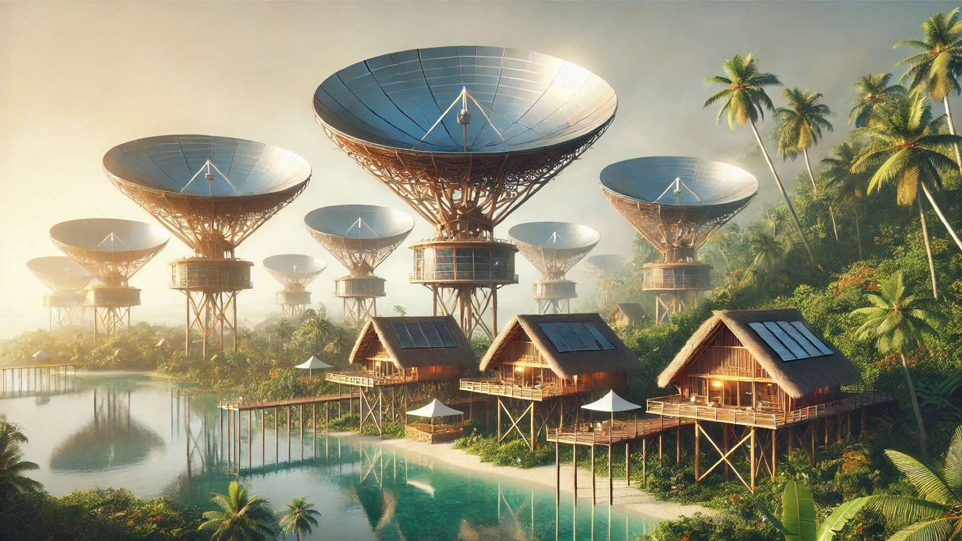 Tropical village with elevated wooden huts on stilts beside calm water, each paired with large reflective parabolic solar dishes towering above, surrounded by lush greenery and palm trees in warm sunlight.