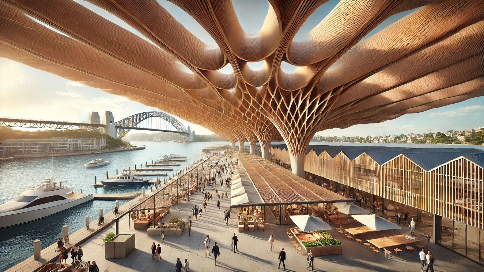 Large timber canopy structure over a bustling waterfront fish market promenade with market stalls, visitors, and harbor views.