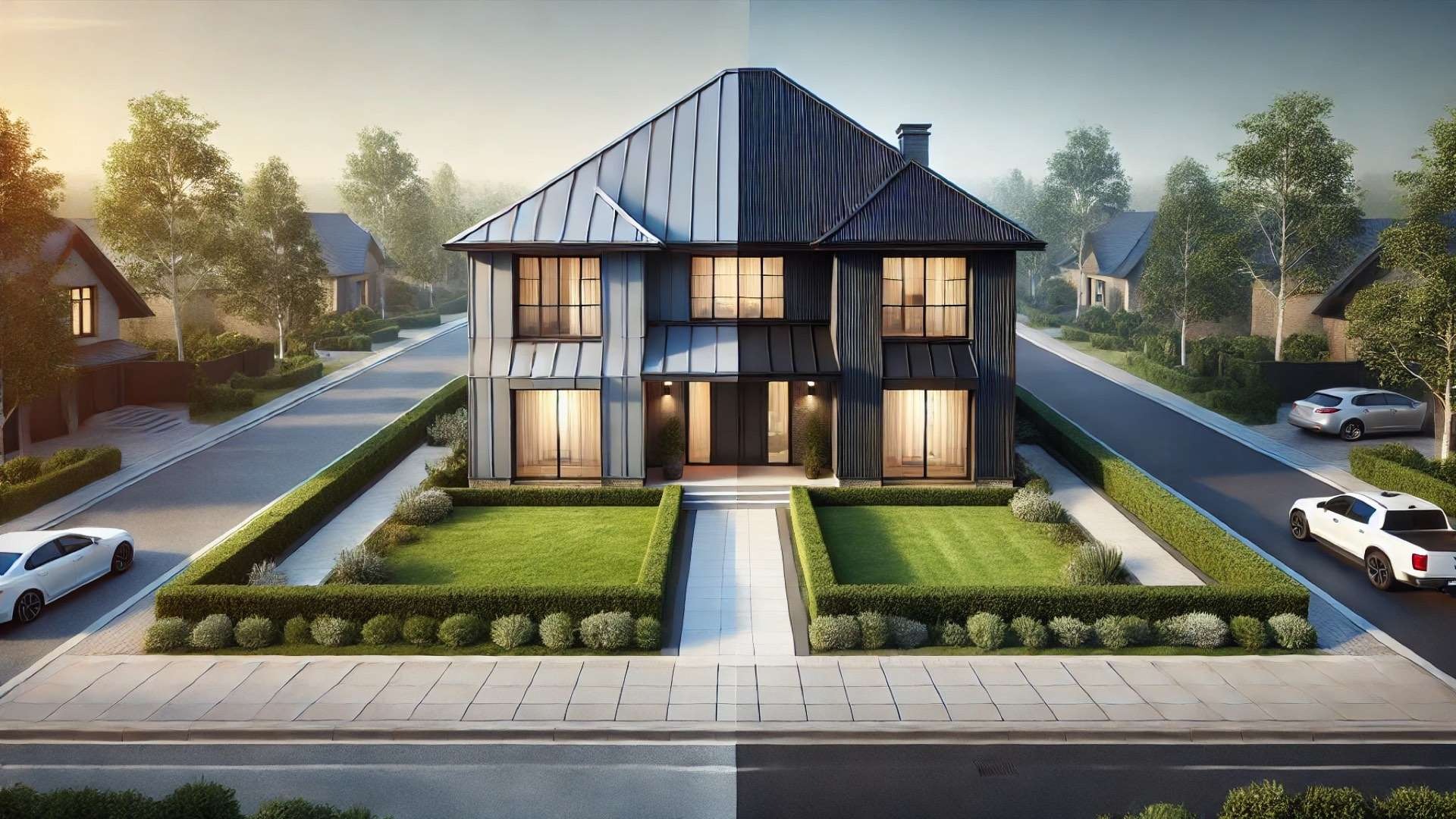 Elegant two-story home with a sharply divided roof, one half clad in sleek standing seam metal and the other in textured shingles, set within a manicured suburban landscape.