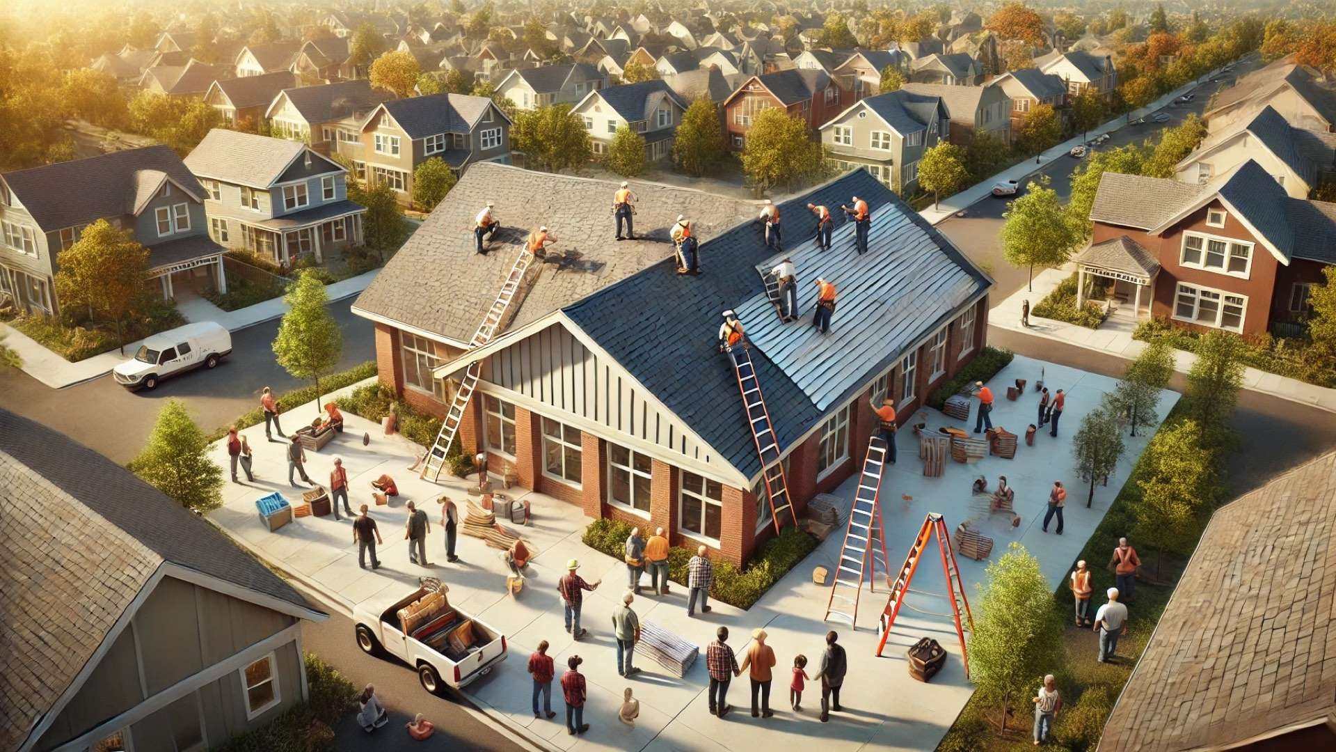 Roofers installing a new shingle roof on a neighborhood community center while local residents and volunteers gather below, symbolizing community support and renewal.