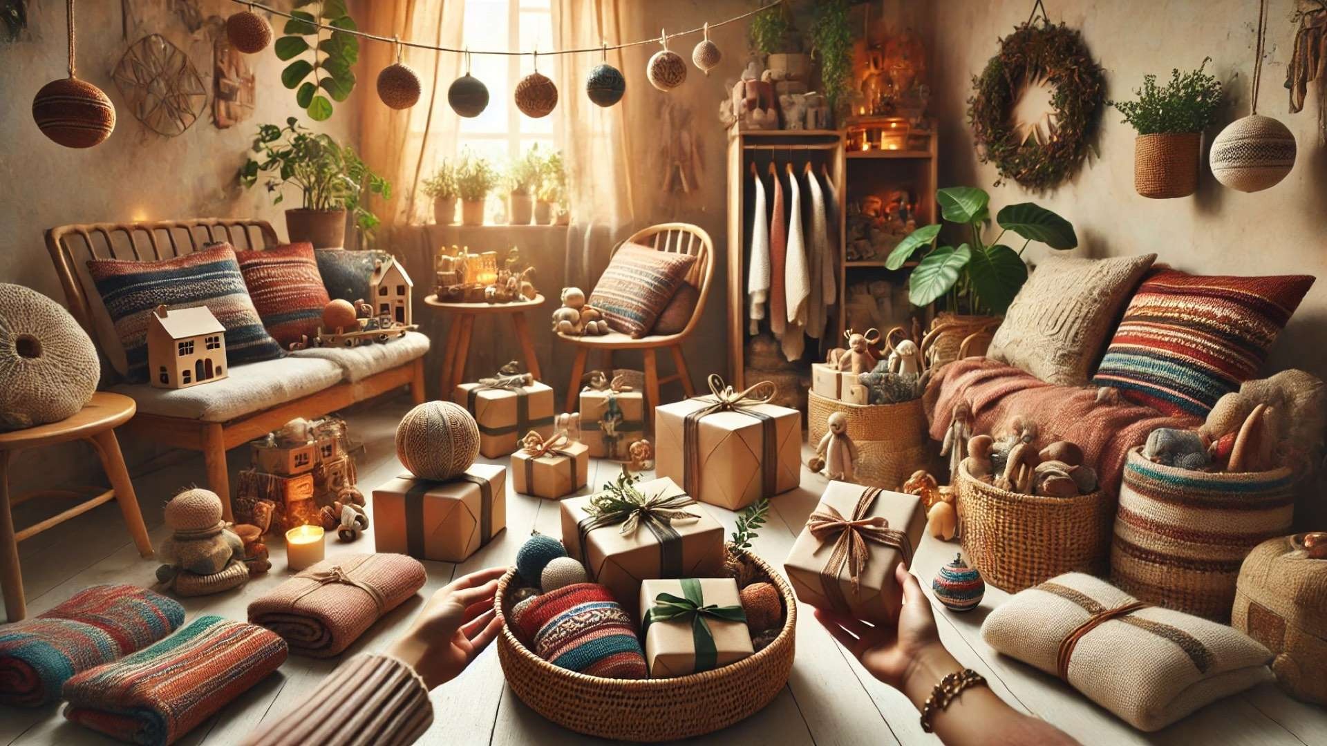 capturing the essence of ethical holiday gifting—featuring cozy, sustainable items and a warm atmosphere of inclusion and care