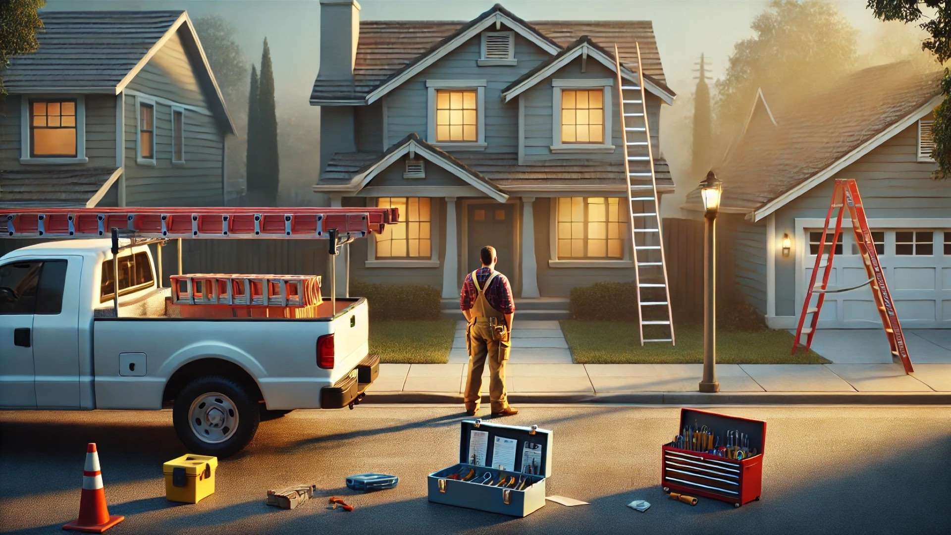 Roofer facing a house with multiple job elements staged, conveying hesitation and competing next steps.