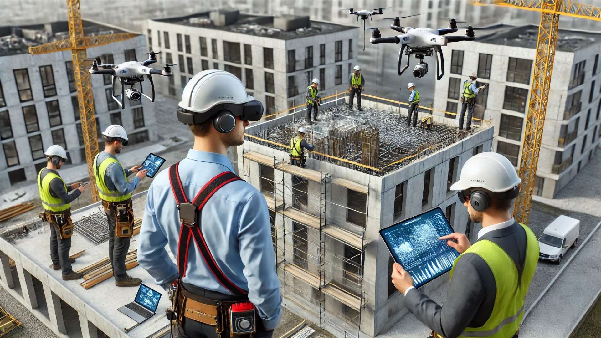 Workers wearing augmented reality headsets coordinate rooftop construction while drones scan the structure and tablets display digital building models.