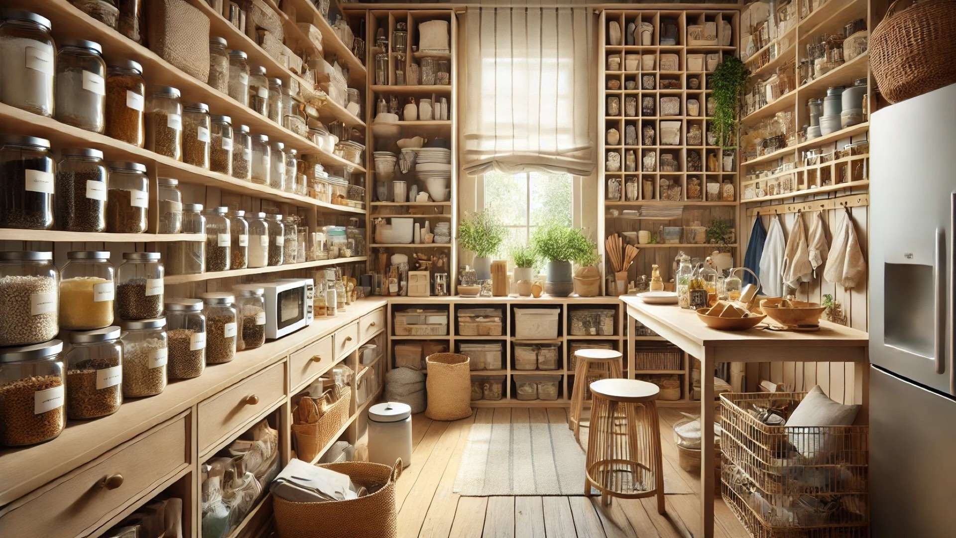 Cozy organized kitchen and pantry space with reusable containers, linen storage bags, natural wood cabinetry, and thoughtfully arranged household items creating an inviting lived-in atmosphere.