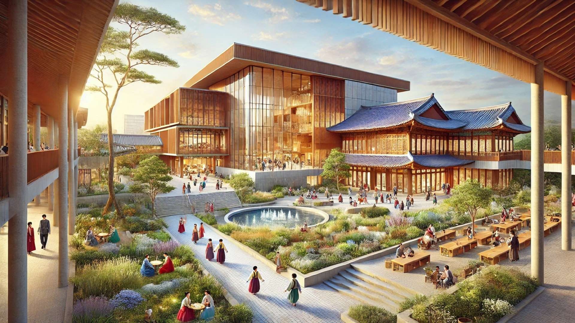 Center for Intangible Cultural Heritage in Gwangmyeong, showcasing its blend of traditional Korean architecture and modern design within a serene, community-centered environment