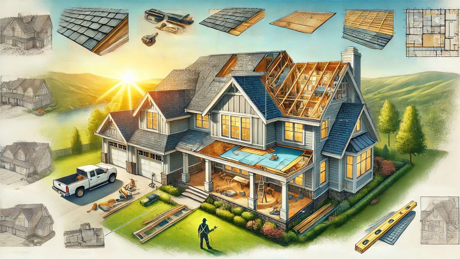 visually capturing key roofing components for homeowners, including pitch, underlayment, and drip edge, with a clear and upscale architectural style