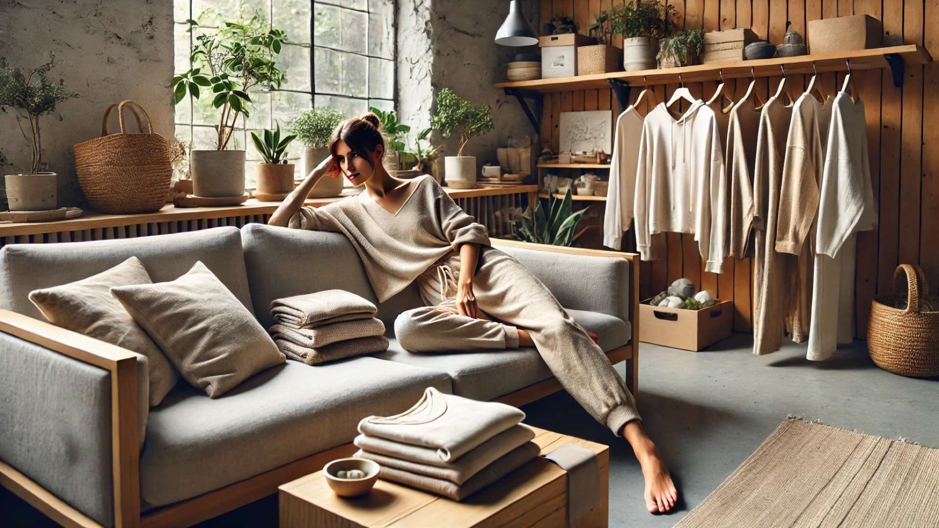 capturing the essence of sustainable loungewear in a cozy, eco-conscious living space