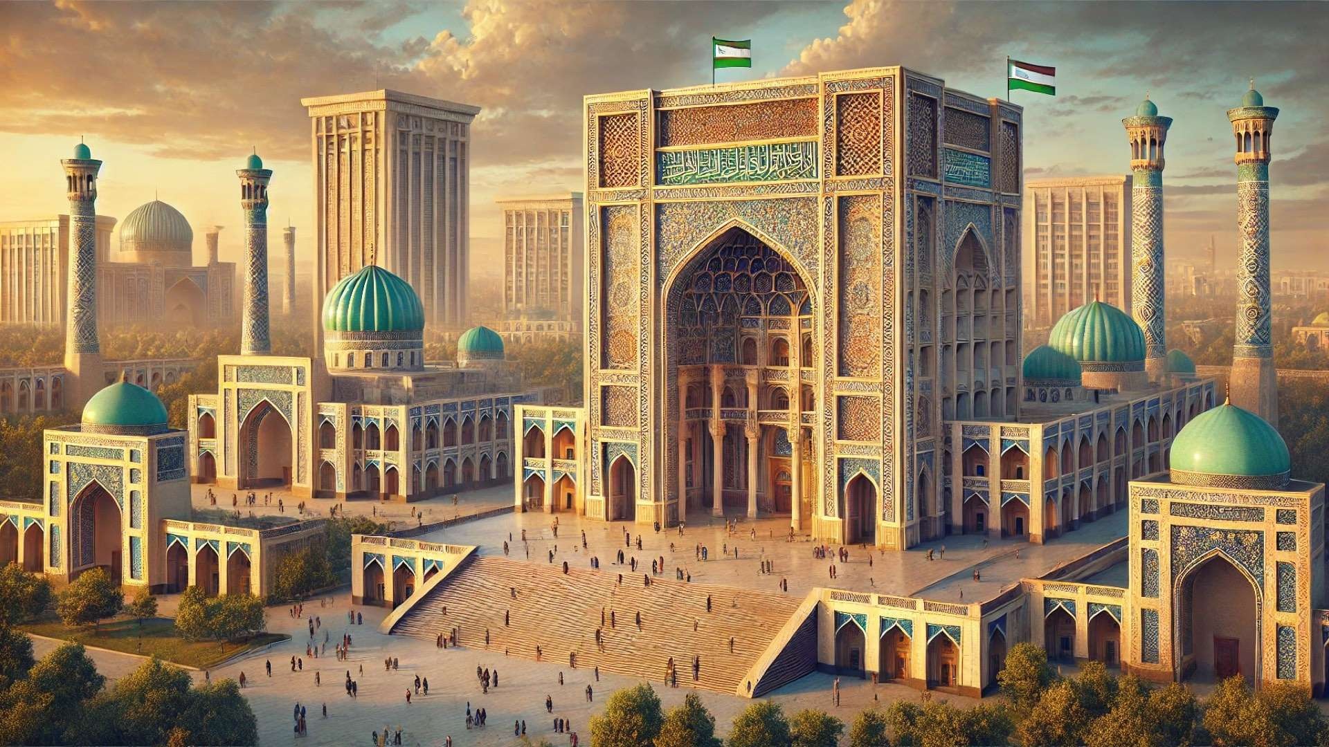 Monumental cultural palace blending Uzbek Islamic domes and mosaics with Soviet modernist architecture in a grand public square at golden hour.