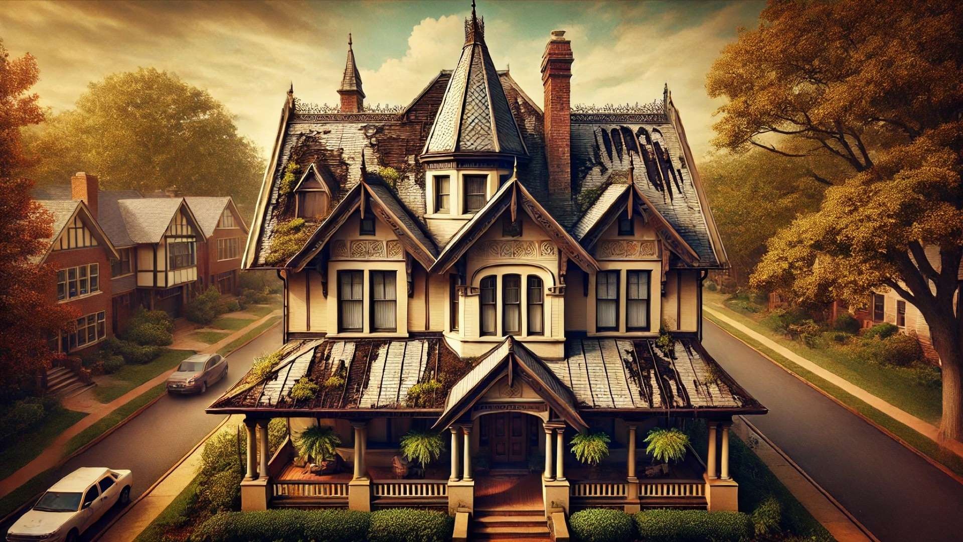 historic Nashville home with visible signs of roof deterioration—highlighting issues like moss, sagging, missing shingles, and weather damage