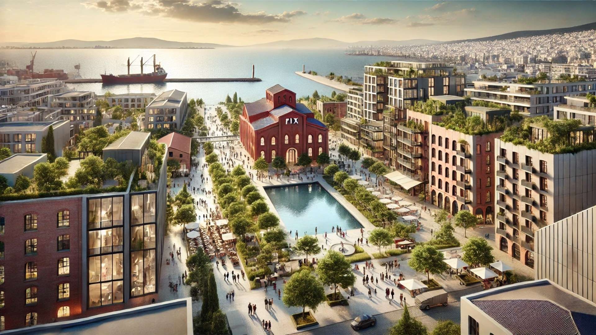 depicting the revitalized FIX brewery site in Thessaloniki, blending its historic architecture with vibrant modern urban design