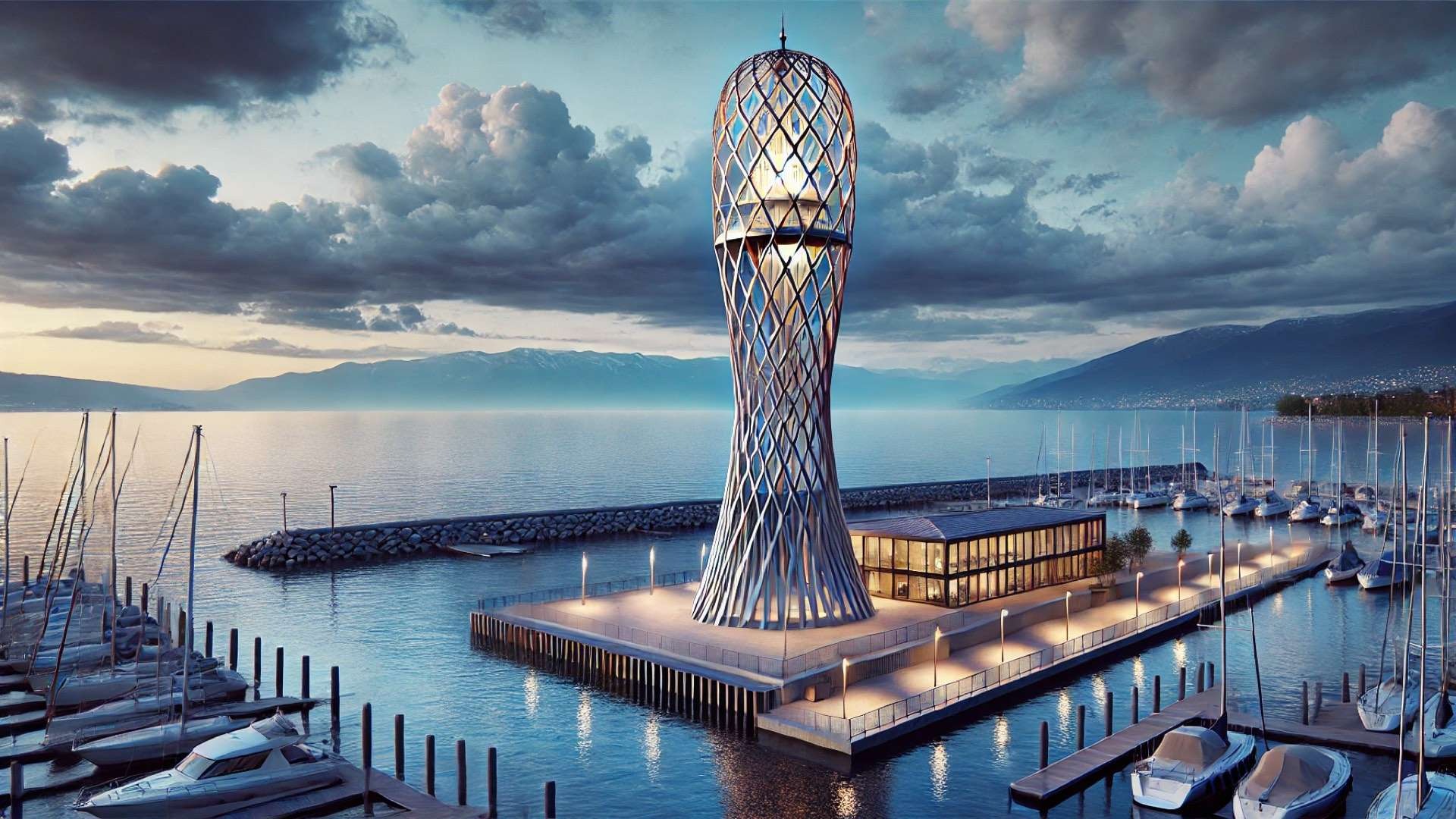 Contemporary lattice-structured lighthouse glowing at dusk on Lake Geneva, set against calm waters and distant Alpine mountains.