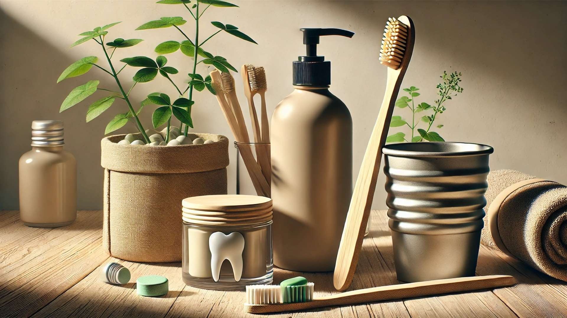 eco-friendly toothpaste products on a minimalist bathroom countertop, emphasizing sustainability and natural design