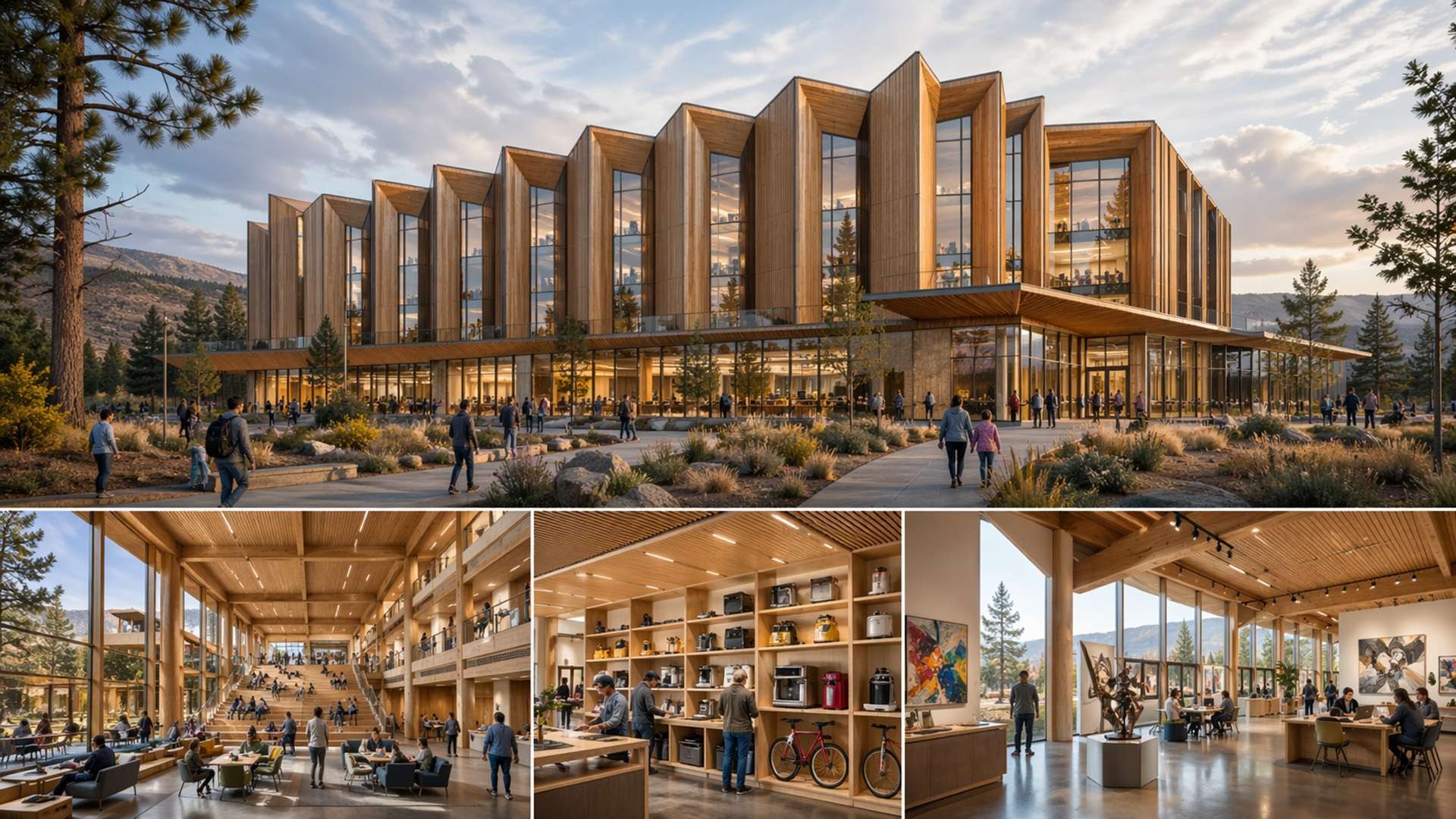 Composite architectural rendering of a new mass-timber library: exterior view of a three-story wood-and-glass building in a high-desert landscape, with three interior views below showing a stepped atrium, a lending area for tools and appliances, and a light-filled art and coworking space.