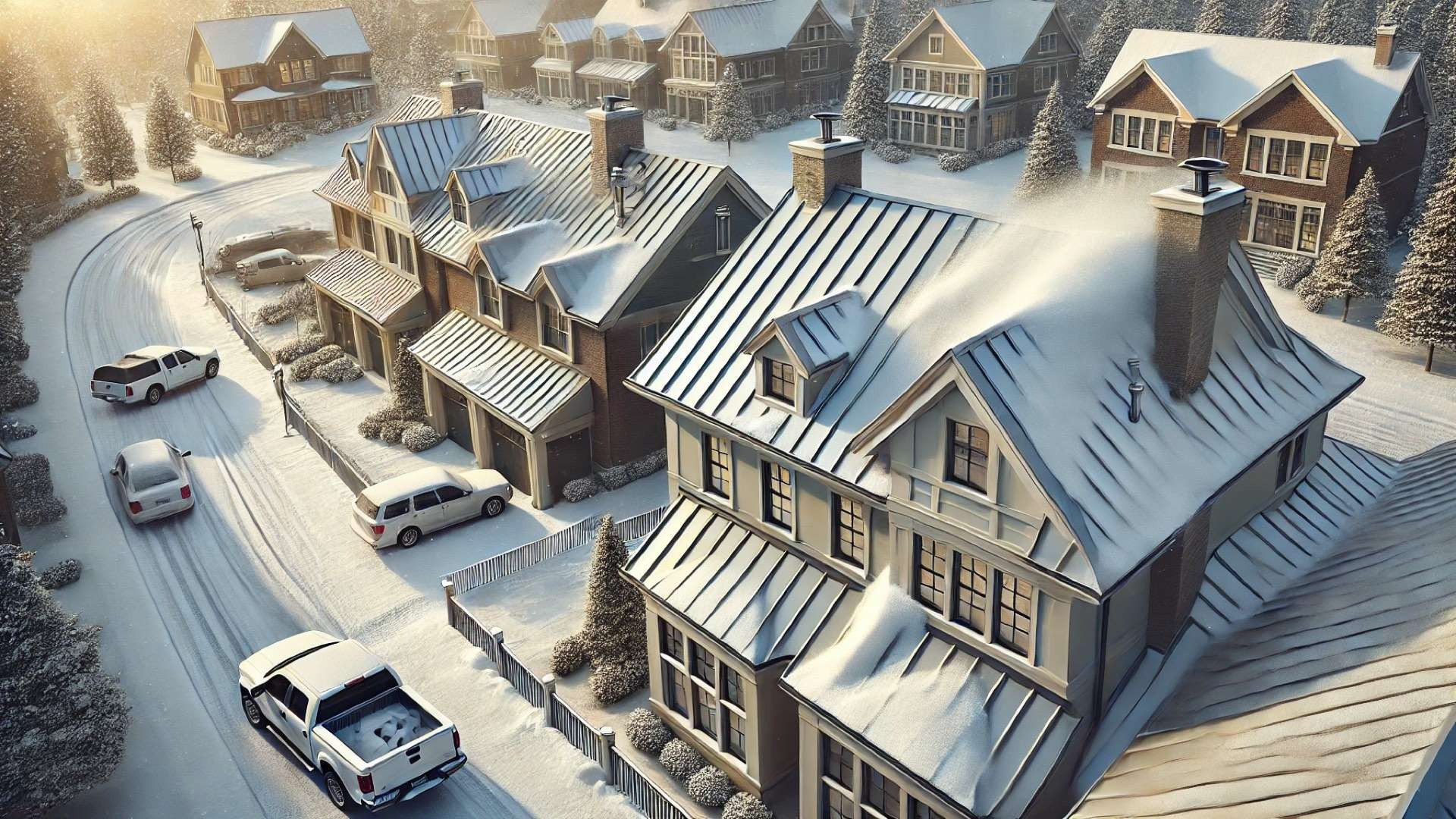 metal roof with snow guard in action—designed to highlight safety, design harmony, and architectural appeal in snowy conditions