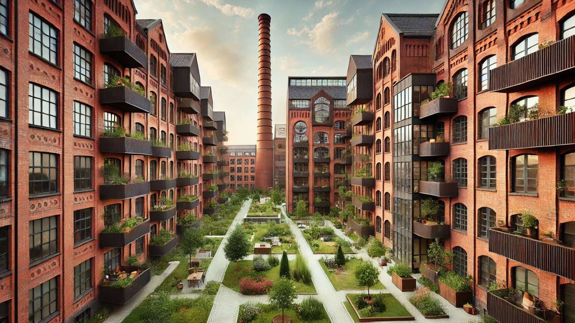 Renovated red-brick industrial buildings with modern corten steel balconies surrounding a lush landscaped courtyard, featuring fruit trees, wildflower gardens, and a preserved historic chimney.