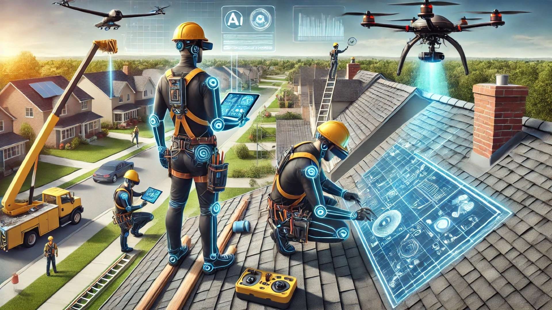 showcasing roofers using AI-powered tools like drones, AR goggles, and smart diagnostics on a modern job site